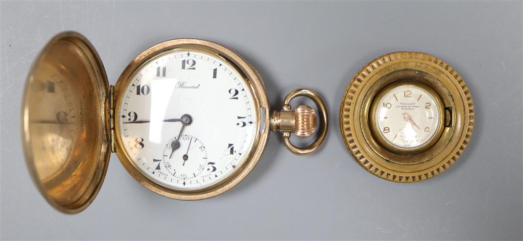 A gold plated Record hunter pocket watch and a Thussy swivelling pendant watch(a.f.).